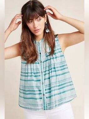 Anthropologie Current Air Teal and White Striped Sleeveless Button-Camisole